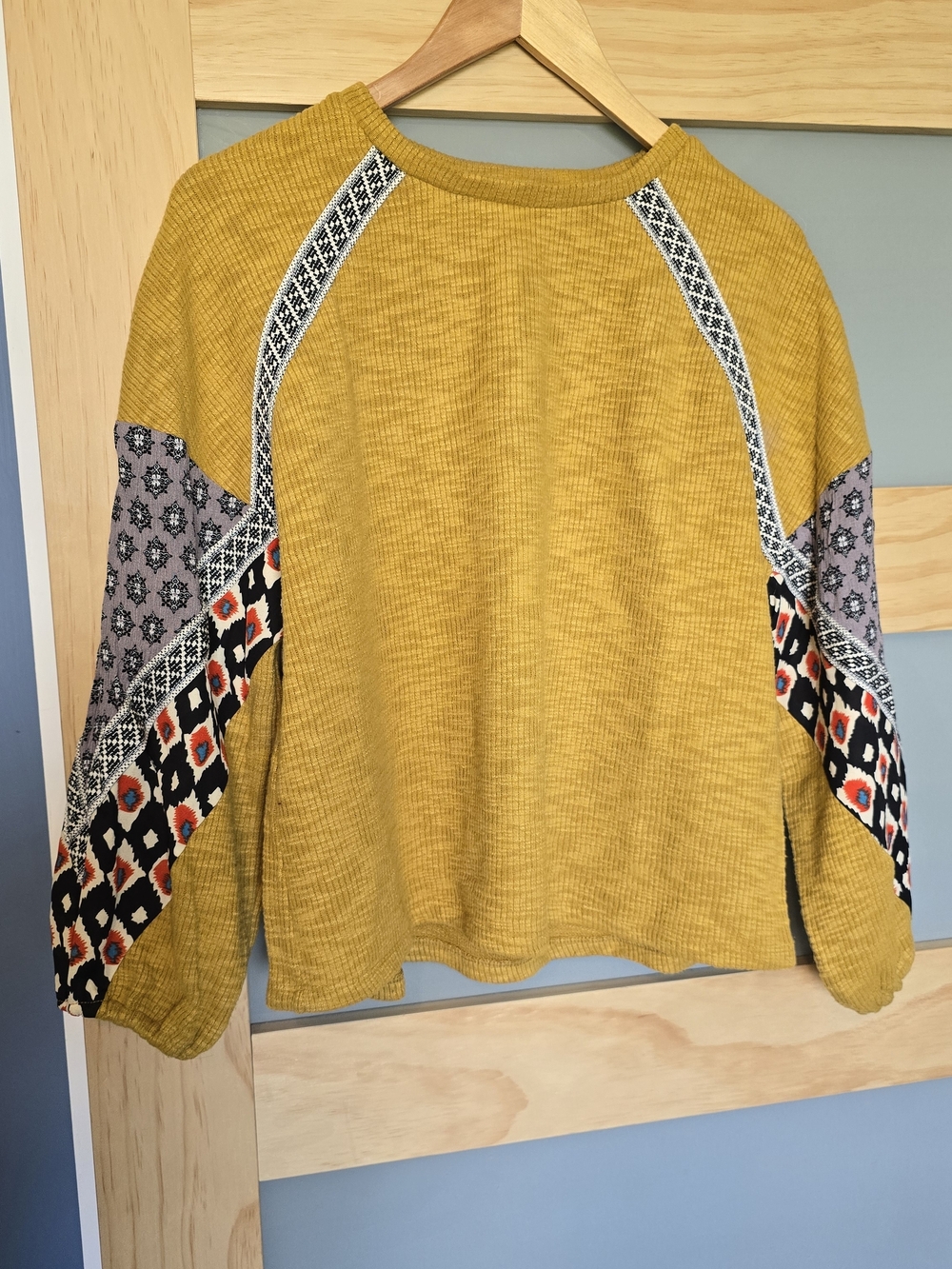 THML Mustard Waffle Knit Sweatshirt with Patterned Patchwork Sleeves